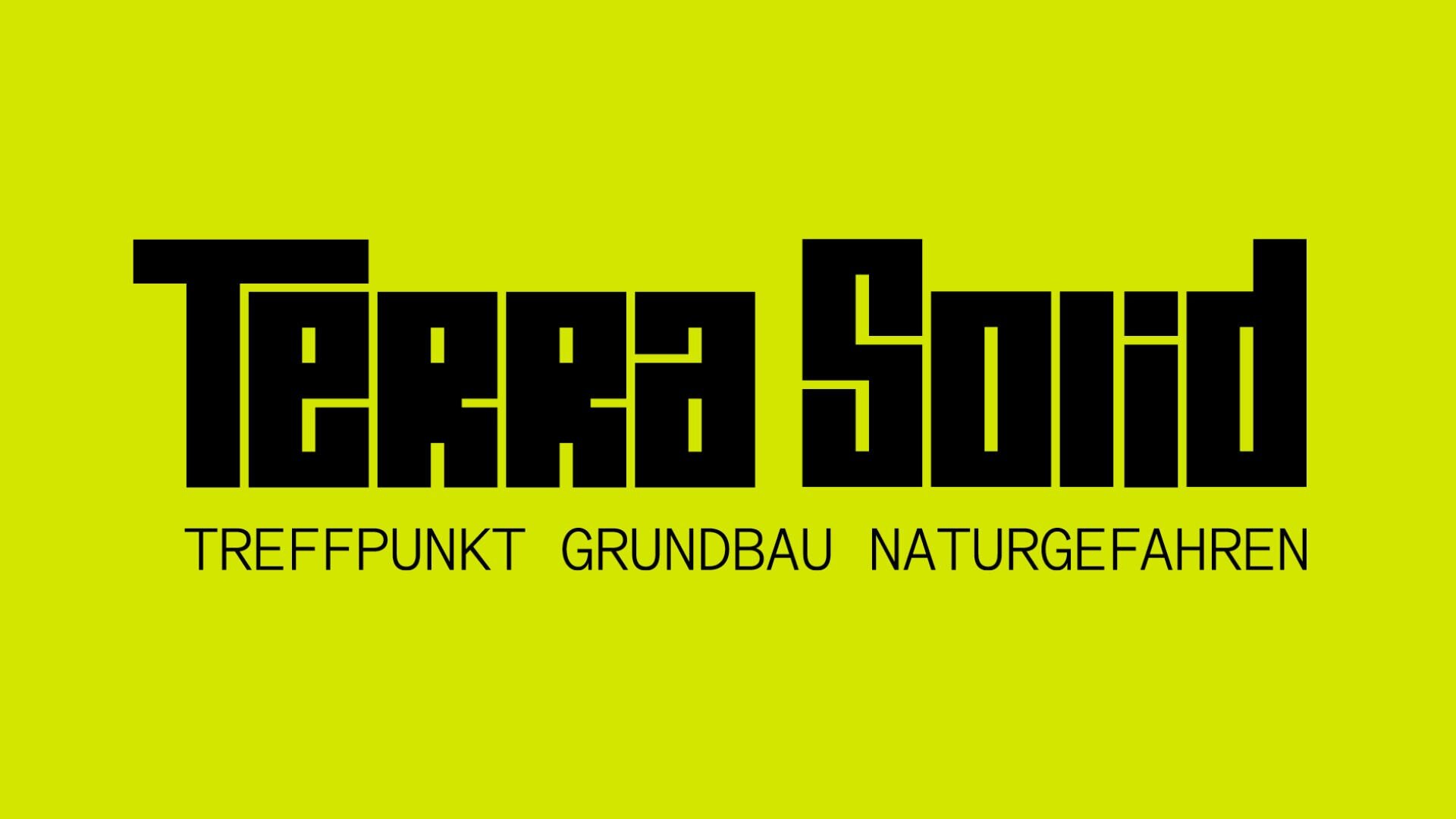 Schwarzer, fetter Text „Terra Solid“ in einer Blockschrift über kleineren Großbuchstaben „Treffpunkt Grundbau Naturgefahren“ auf einem hellen gelbgrünen Hintergrund.