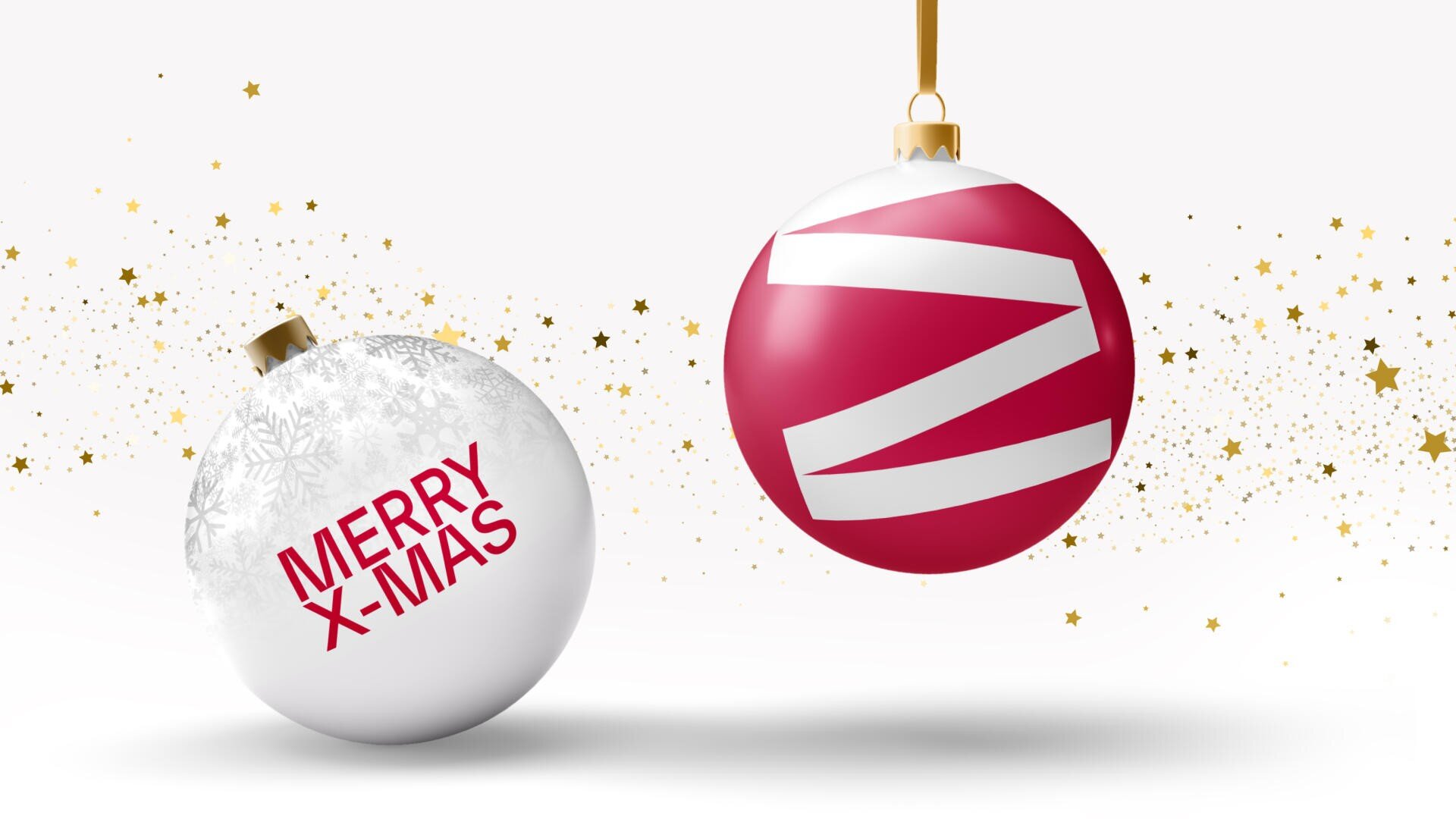 Zwei Weihnachtsornamente: ein weißes mit dezenten Schneeflockenmustern und MERRY X-MAS in Rot und ein rotes mit kräftigen weißen Diagonalstreifen und goldenen Sternen im Hintergrund.