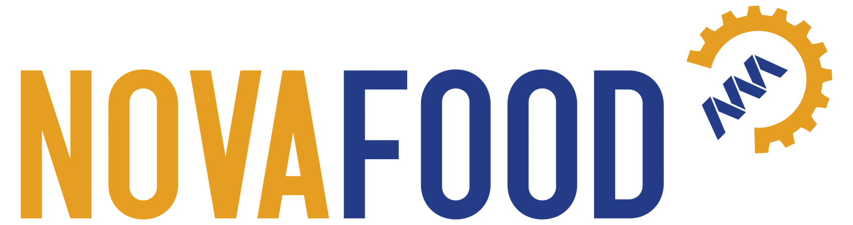 Logo mit dem Wort NOVA in Orange und FOOD in Blau. Rechts daneben befindet sich ein gelbes Zahnrad mit einer blauen DNA-Doppelhelix.